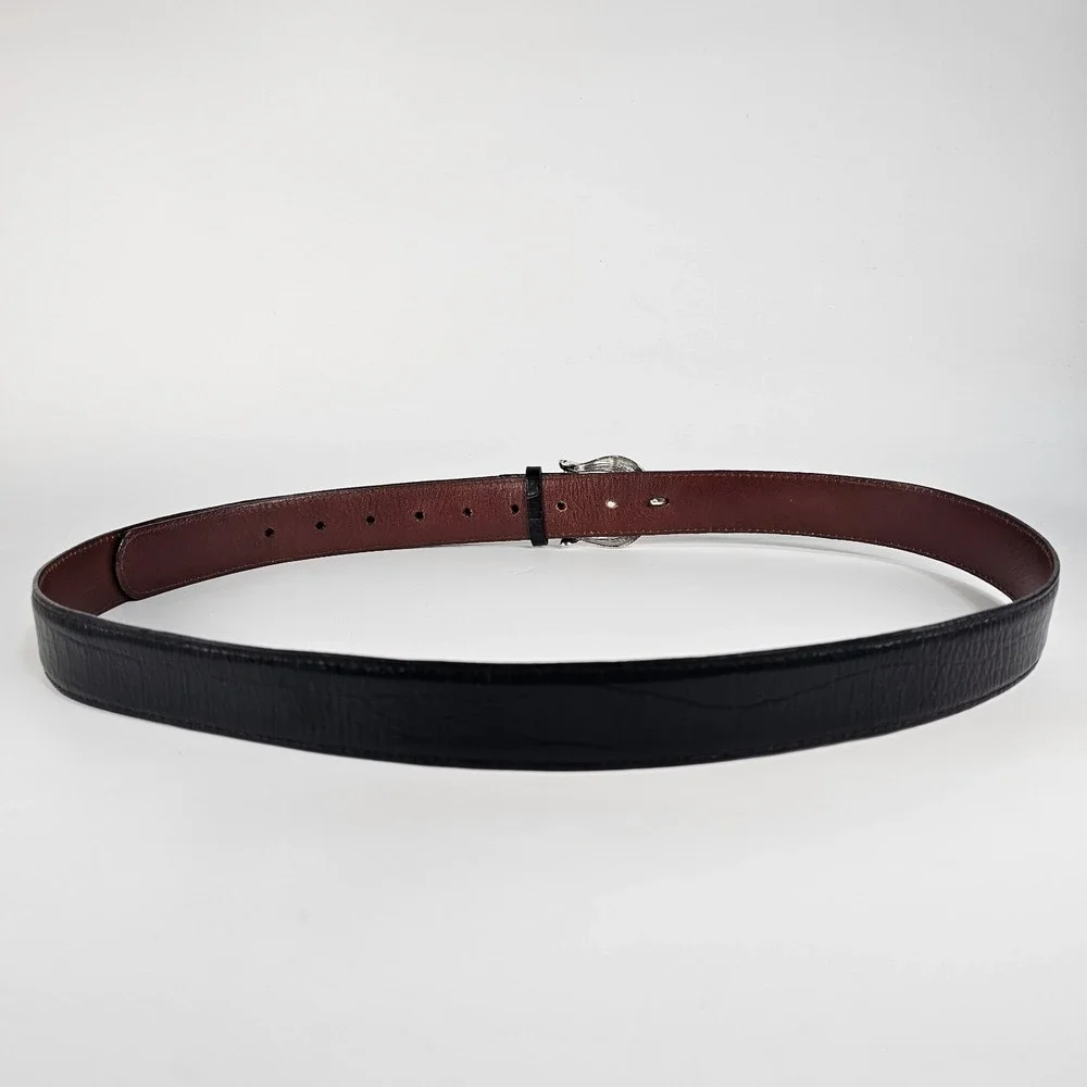 Brian Toohey Leather Belt 42 Black & Silver Hardware Croc Embossed Made In USA